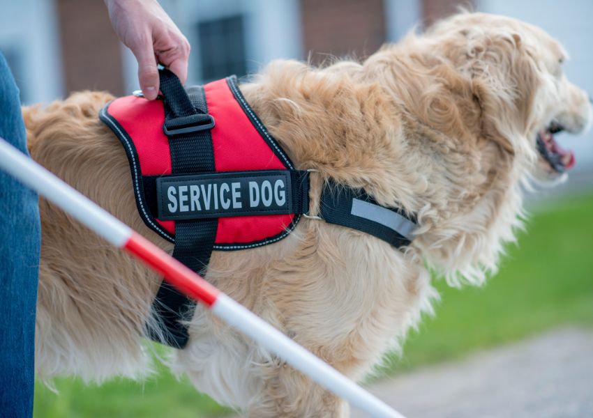 A blind person holds the red and black harness of a golden retriever, upon which reads 'service dog'.